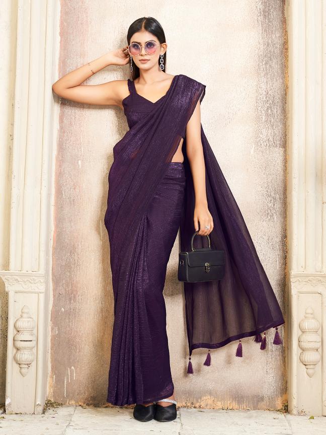 Ready to wear purple colored shimmer saree with tassles on pallu